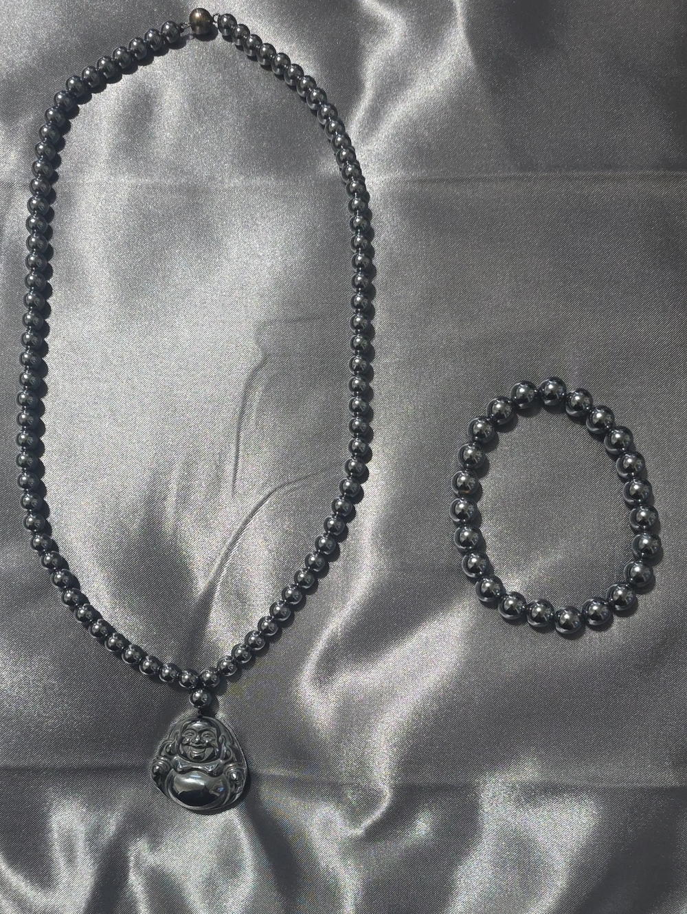 Laughing Buddha Necklace Magnetic Clasp Matching Stretch Bracelet